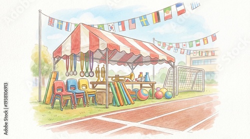 万国旗が飾られた校庭の運動会準備風景を描いた手描き風イラスト