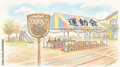 万国旗が飾られた校庭の運動会準備風景を描いた手描き風イラスト