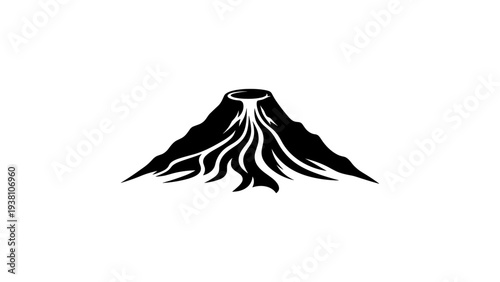 Stylized volcano eruption symbol in simple black silhouette art