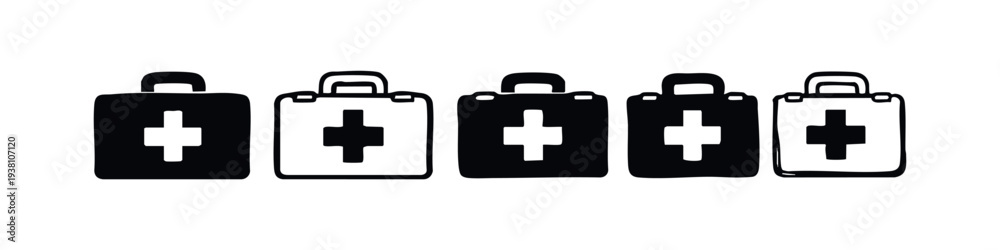 Fototapeta premium First Aid Kit Icons Set. Medical Emergency Box Hand Drawn Doodle Style Vector Illustrations.