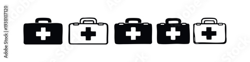 First Aid Kit Icons Set. Medical Emergency Box Hand Drawn Doodle Style Vector Illustrations.