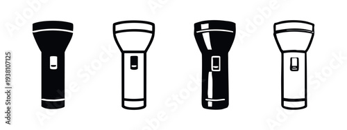 Flashlight Icons Set. Hand Torch Light Device Hand Drawn Doodle Style Vector Illustrations.