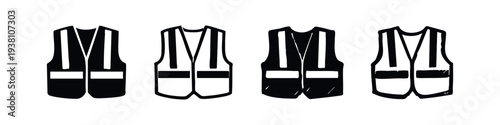 Protective Safety Vest Icon Set. Worker's High Visibility Garment Symbol Vector Illustration.