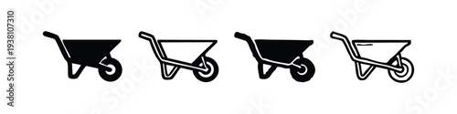 Wheelbarrow Icon Set. Construction and Garden Cart Tool Symbol Vector Illustration.