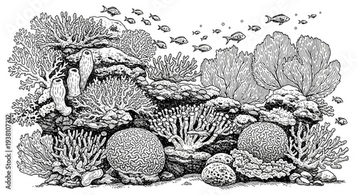 Detailed underwater coral reef illustration with fish swimming
