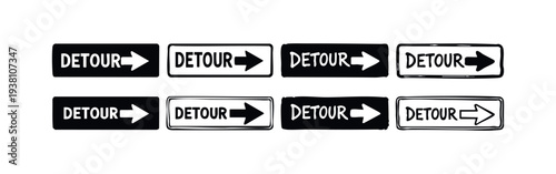 Set of Detour Traffic Signs with Arrows in Various Hand-Drawn and Solid Styles