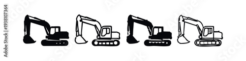 Heavy Excavator Machine Icons in Solid and Outline Hand-Drawn Styles for Construction