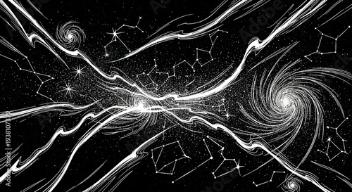 Abstract cosmic illustration with swirling galaxies and constellations in monochrome