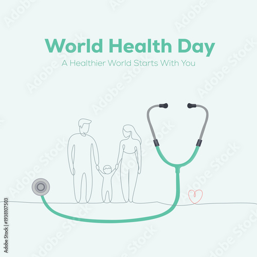 World Health Day Healthcare Awareness Vector with Family Line Art and Stethoscope Illustration