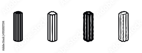 Variety of Ribbed Cylindrical Pasta Shapes Icons in Black and White