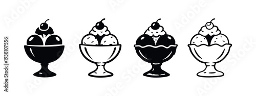 Ice cream sundae icons set. Sweet dessert with scoops, whipped cream, and a cherry in a glass bowl.