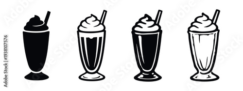 Refreshing milkshake icons set. Sweet creamy drink with whipped cream and a straw in tall glasses.