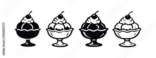 Classic ice cream sundae icons. Dessert with scoops, whipped cream, and a cherry in a rounded glass bowl.