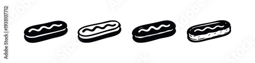 Black and white hand-drawn doodle eclair icon collection. French pastry dessert vector illustration.