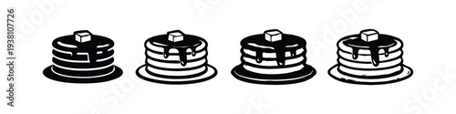 Pancakes with Syrup, Butter, and Plate Icon Set in Black and White Doodle Style