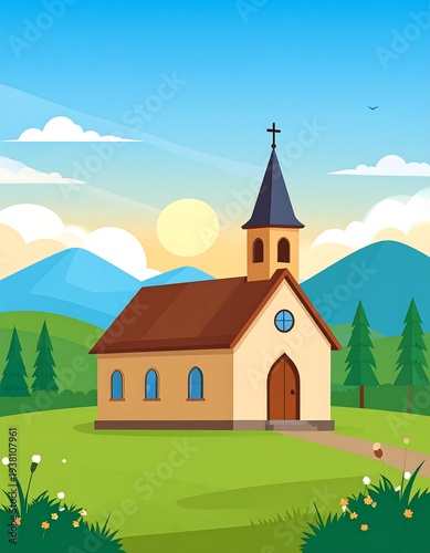 Cartoon-style illustration depicts a church in a sunny, scenic landscape