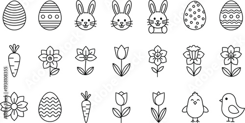 Collection of cute line art icons featuring Easter eggs rabbits carrots flowers and little spring chicks