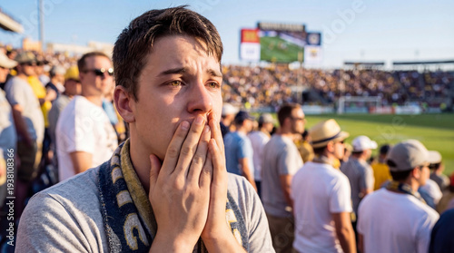 Emotional young man in a scarf covering his face with his hands while watching a tense football match at a crowded outdoor stadium with a bright scoreboard and blurred spectators in the background