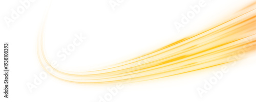 Neon laser motion lines ripple along city road, highway traffic. Yellow, orange light trail forms futuristic energy, guiding speed and motion in a smooth flowing wave. Vector png Illustration.