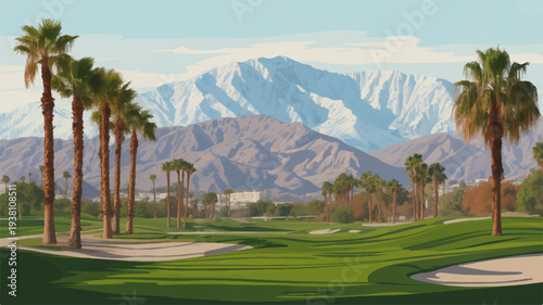 Golf course with sand traps palm trees and mountains in background sunny day leisure activity