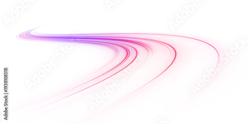 Futuristic neon laser blue, purple lines travel through city highway and road traffic. Light motion wave shapes energy trail and glowing direction, carrying speed across traffic lanes. PNG vector.
