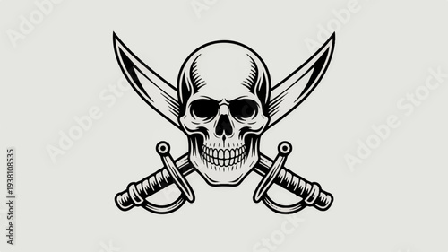 Pirate skull with crossed swords and pointed ears on gray background symbolizing danger and rebellion