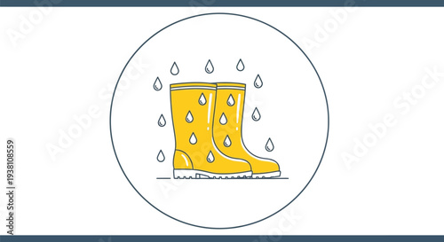 Bright yellow rain boots stand ready for wet weather protection under falling stylized water drops illustration