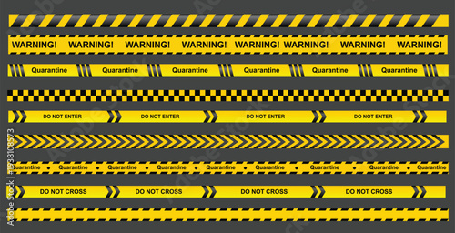 Yellow Black Warning Tape Set Vector – Hazard, Quarantine, Do Not Enter, Do Not Cross Safety Stripes Collection