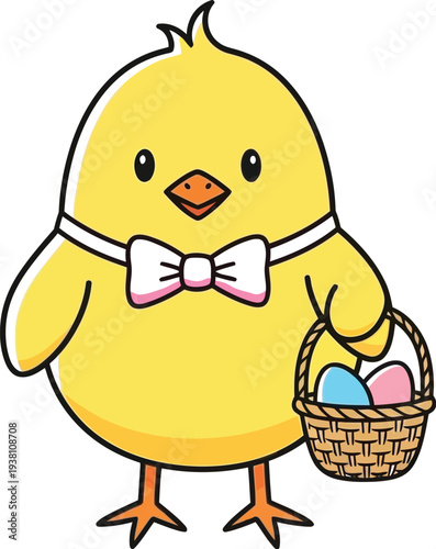 Adorable cartoon yellow chick wearing a pink bow tie proudly carries a small Easter basket filled with colorful eggs, celebrating spring.