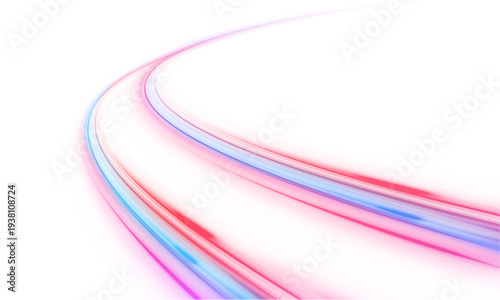 Neon laser color speed lines move across city highway and road. Light wave forms motion and futuristic energy trail, guiding traffic flow with glowing direction. PNG vector.
