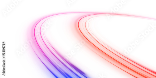 Futuristic neon laser color lines flow through city road and highway traffic. Light motion wave produces energy and speed, leaving a glowing trail that defines direction. Vector Illustration png.