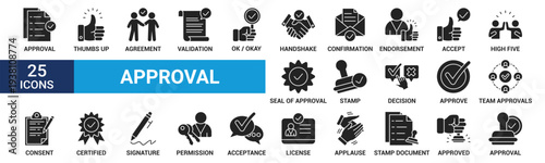 Approval icon set. Containing accept, certified, thumps up, agreement, approve, validation, seal approved, confirmation and decision icons. Glyph icon set. Vector illustration.