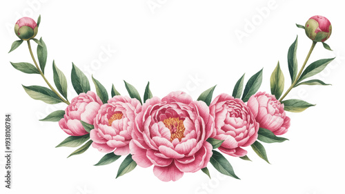 Pink peonies floral arrangement with green leaves on white background elegant flowers for decoration