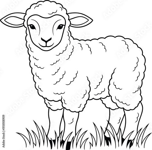Cute little cartoon drawing of a fluffy white lamb standing peacefully in a small patch of grass