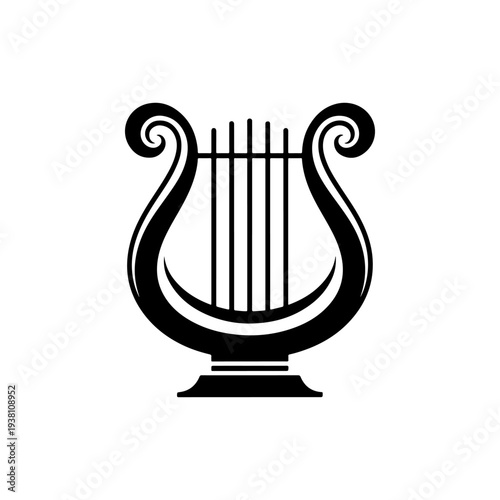 A black and white vector icon of a classical lyre harp. This minimalist silhouette features elegant curves and strings, ideal for logo design or musical branding.