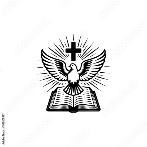 A black and white vector illustration of an open Bible with a soaring dove, a cross, and radiant light rays. A spiritual emblem for religious logos and signs.