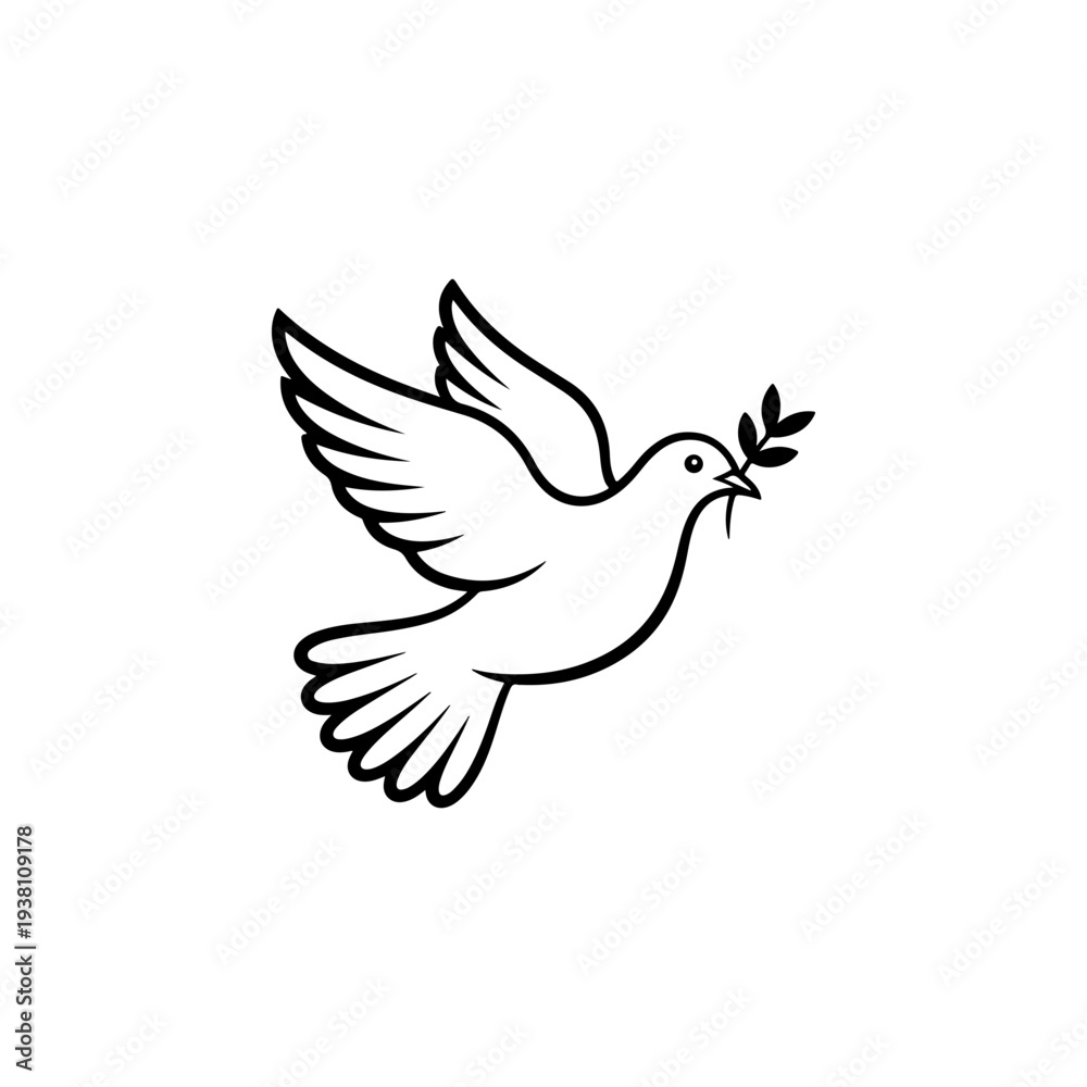 Fototapeta premium A black and white vector icon of a flying dove holding an olive branch. This minimalist bird silhouette represents peace and is ideal for logos, signs, and branding.