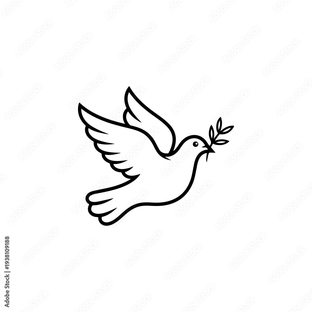 Obraz premium A black and white vector icon of a flying dove holding an olive branch. This minimalist bird silhouette represents peace and is ideal for logos, signs, and branding.