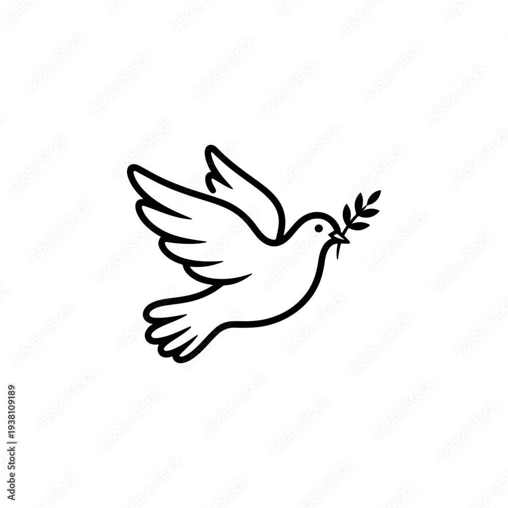 Obraz premium A black and white vector icon of a flying dove holding an olive branch. This minimalist bird silhouette represents peace and is ideal for logos, signs, and branding.