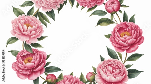 Pink peony flowers wreath border with green leaves on white background for decoration and design