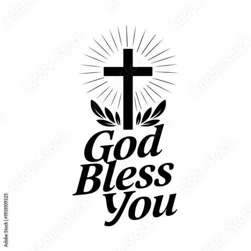 A black and white vector emblem featuring a Christian cross with radiant rays, laurel branches, and "God Bless You" typography. Ideal for religious logos and signs.