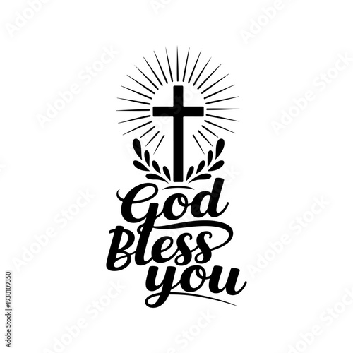 A black and white vector emblem featuring a Christian cross with radiant rays, laurel branches, and "God Bless You" typography. Ideal for religious logos and signs.