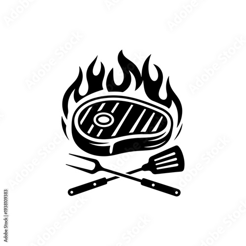 A black and white vector icon of a grilled steak on fire with a crossed spatula and grill fork. A professional barbecue emblem for restaurant logos and food branding.