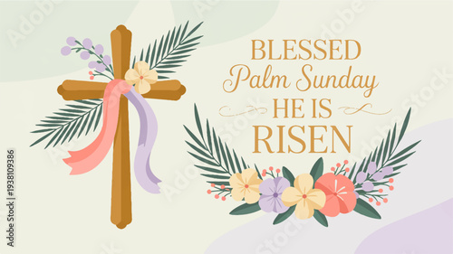 Palm sunday easter cross with ribbon and flowers blessed he is risen christian symbol
