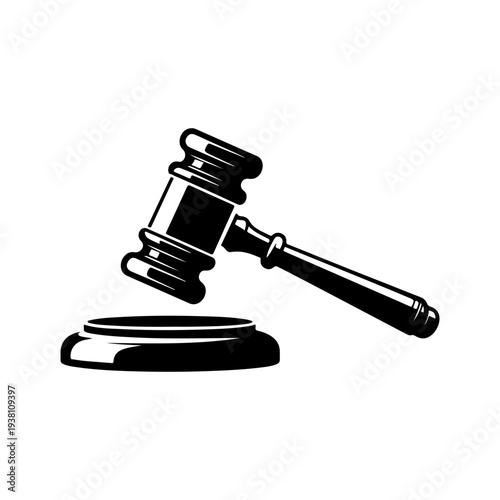 A black and white vector icon of a judge's gavel and sound block. This minimalist legal silhouette is perfect for law firm logos, auction labels, and justice branding.