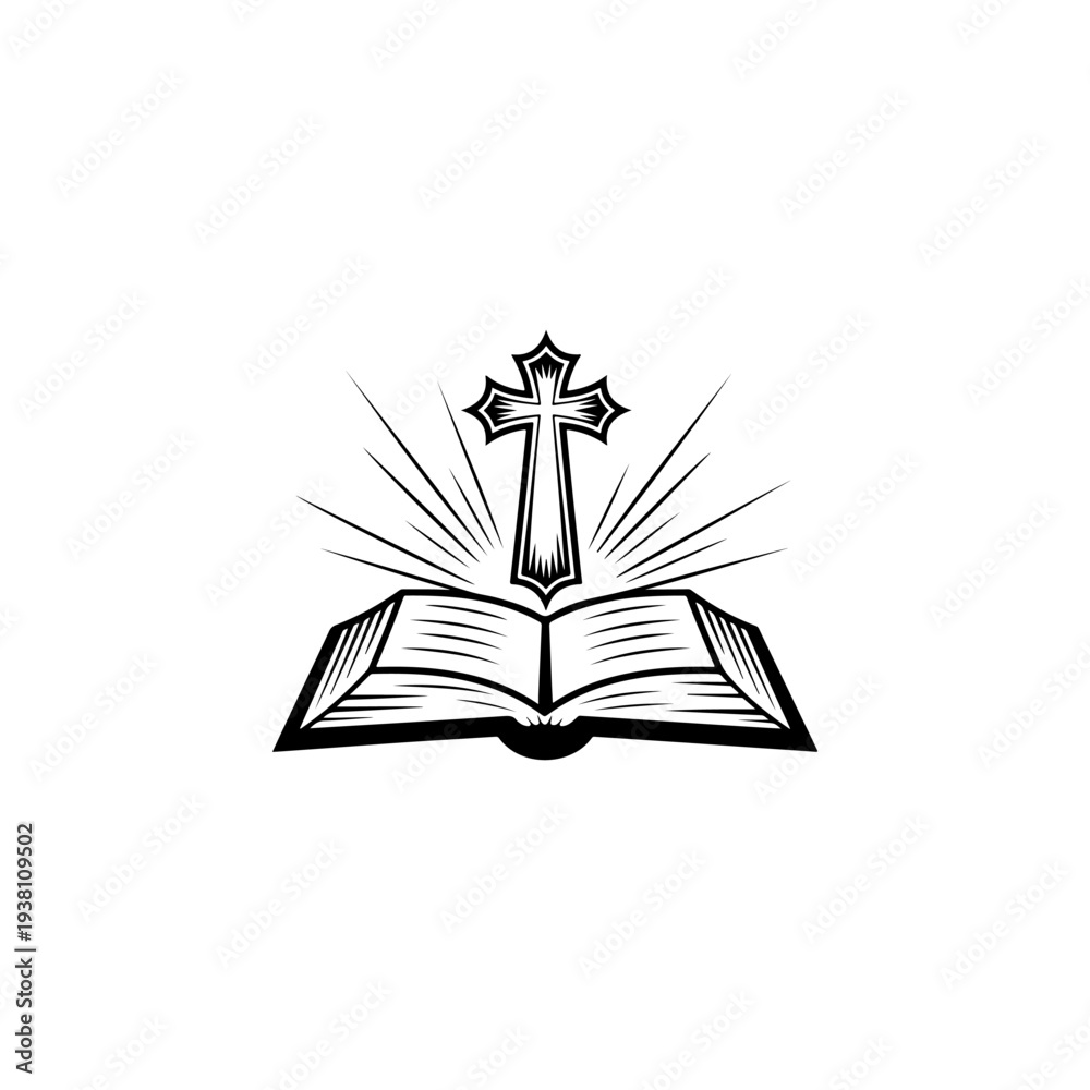 Fototapeta premium A black and white vector illustration of an open Bible with an ornate Christian cross and radiant light rays. A spiritual emblem for religious logos, signs, and branding.