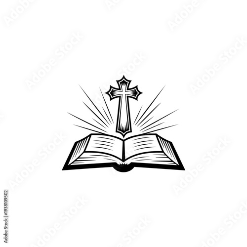 A black and white vector illustration of an open Bible with an ornate Christian cross and radiant light rays. A spiritual emblem for religious logos, signs, and branding.