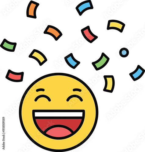 Joyful laughing emoji face celebrates an exciting moment with colorful confetti raining down around it
