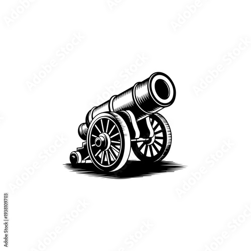 A black and white vector illustration of a vintage heavy cannon on a wheeled carriage. This classic artillery silhouette is ideal for historical logos and museum signs.