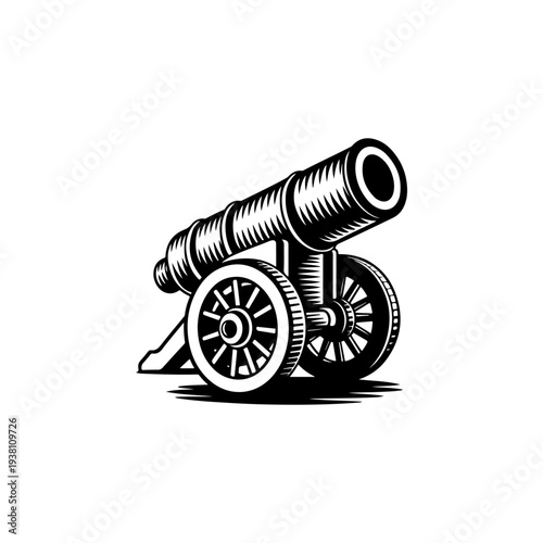 A black and white vector illustration of a vintage heavy cannon on a wheeled carriage. This classic artillery silhouette is ideal for historical logos and museum signs.